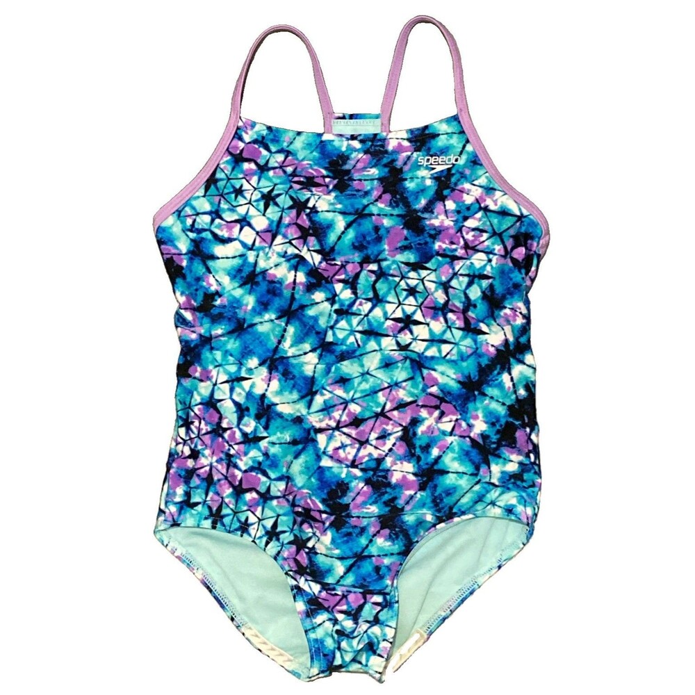 Speedo Swimsuit Girls M One Piece Multicolor Geometric Print Colorful Swim Team